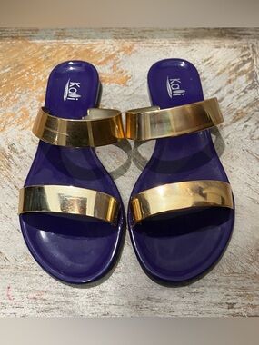 Kali Womens Purple Slides with Gold Metallic Straps Beach Resort Festive Size 7